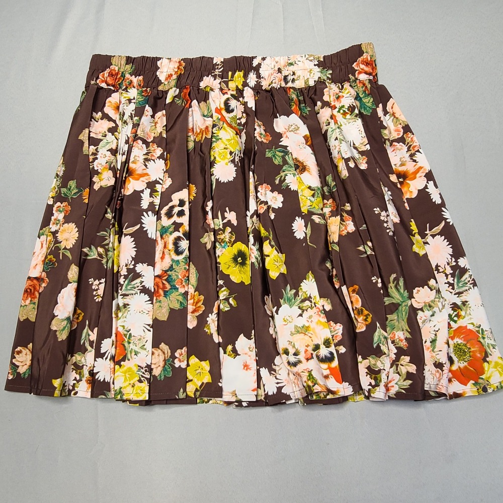 Princess Vera Wang Skirt Womens Large Brown Floral Pleated Mini Elastic Waist